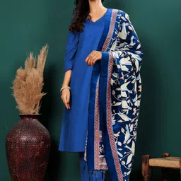 all about you V-Neck Straight Kurta With Trouser & Dupatta-image-0