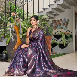 MORDEN MUSE Floral Woven Design Zari Banarasi Saree with Blouse Piece-picture-31