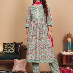 Varanga Floral Printed Notch Neck Pure Cotton Kurta with Palazzo & Dupatta-picture-37