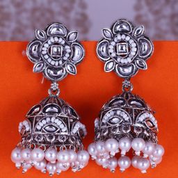 DIVASTRI Silver-Plated Artificial Stones Studded And Beaded Dome Shaped Oxidised Jhumkas-16