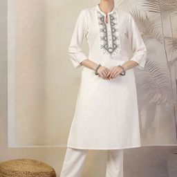 Nayam By Lakshita Ethnic Motifs Yoke Design Thread Work Cotton Linen Kurta With Trousers-28
