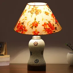 Aura Conical White & Orange Colored Floral Printed Glass Frustum Shaped Table Lamp-25