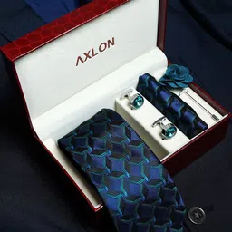 Axlon Men Geometric Tie, Cufflinks, Flower Pin & Pocket Square Accessory Gift Set-98