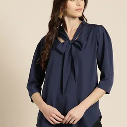 Qurvii Women Tie-Up Neck Crepe Top-image-24