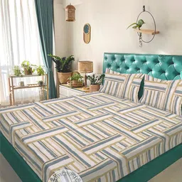 KLOTTHE Multi Geometric Printed Fitted 300 TC Double King Bedsheet With 2 Pillow Covers-picture-21