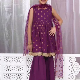 Little Bansi Girls Woven Design Pleated Pure Cotton Kurta with Sharara & Dupatta-picture-48