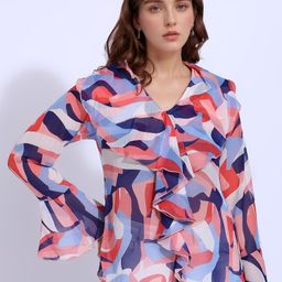 DressBerry Abstract Print Bell Sleeve Ruffles Chiffon Top-24
