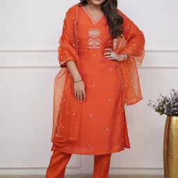 BE IN TEXO FAB Floral Embroidered V-Neck Straight Kurta & Trousers With Dupatta-picture-31