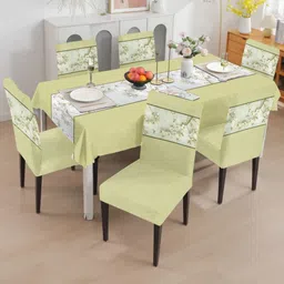 Aura 7-Pcs Yellow & Grey Floral Printed Table Cover & Dining ChairCoverSet-35