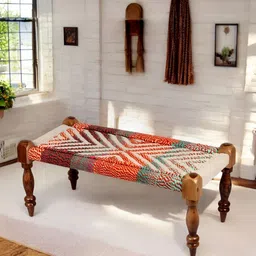 Ikiriya Orange & White Wood Vintage 2 Seater Maachi Bench-12