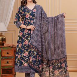 MEERA FAB Women Floral Printed Cotton Anarkali Kurta with Trousers & Dupatta-picture-35