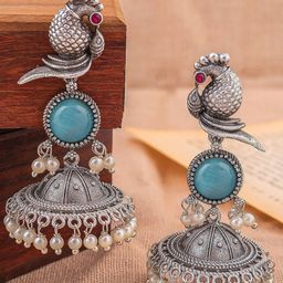 Zoey Silver Plated Pearls Beaded Parrot Shaped Oxidised Jhumkas-14