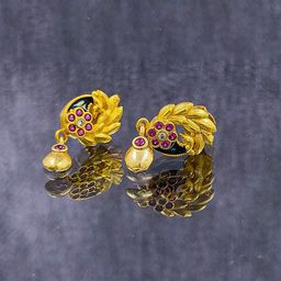 Saizen Gold-Plated Artificial Stones Studded Meenakari Peacock Shaped Drop Earrings-image-13