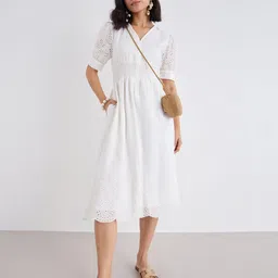 Styli Women Embroidered Puff Sleeve Fit and Flare Midi Dress-image-21