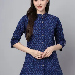 BAESD Floral Print Mandarin Collar Roll-Up Sleeves Ethnic Cotton Top-picture-16