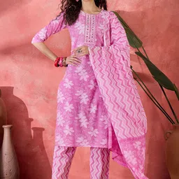 Sangria Women Floral Printed Pure Cotton Kurta with Trousers & With Dupatta-picture-17