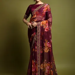 Thishma Floral Printed Embroidered Sequinned Bored Pure Chiffon Saree with Blouse Piece-picture-15