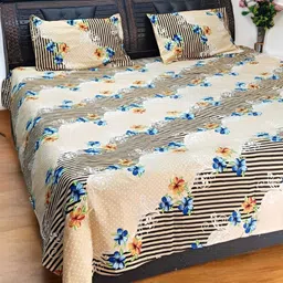 V.R.ENTERPRISES Beige & Blue Floral 210 TC Queen Bedsheet with 2 Pillow Covers-image-90