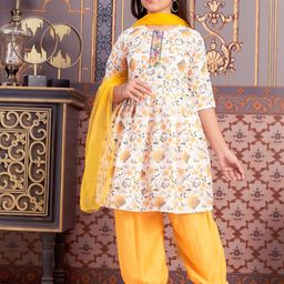 Sangria Girls Floral Printed Round Neck Kurta With Patiala & Dupatta-image-42
