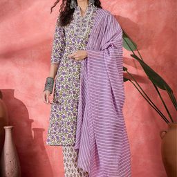 Sangria Floral Printed Regular Pure Cotton Kurta with Trousers & With Dupatta-0