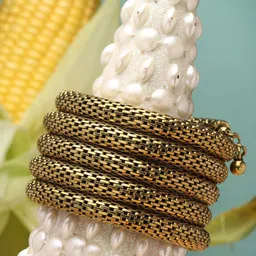 Moedbuille Brass Oxidised Gold-Plated Artificial Beads Cuff Bracelet-7