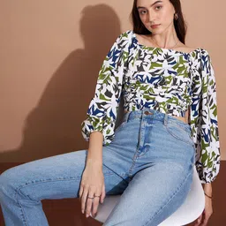 CORSICA Women Floral Print Puff Sleeve Fitted Crepe Crop Top-picture-30