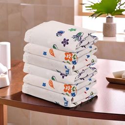 Kuber Industries White & Purple 6 Pieces Floral Printed Cotton 210 GSM Face Towels-54
