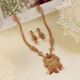 ORANGENYSHA Gold Plated Kundan Stone Studded & Beaded Jewellery Set-image-52
