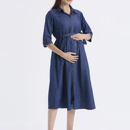 MeeMee Women Maternity Denim Shirt Midi Dress-image-35
