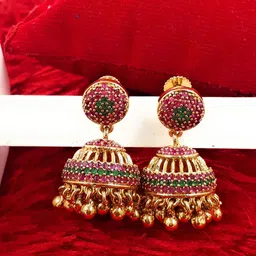 Anujeet Fashion Hub Gold-Plated American Diamond Studded & Beaded Dome Shaped Jhumkas-29