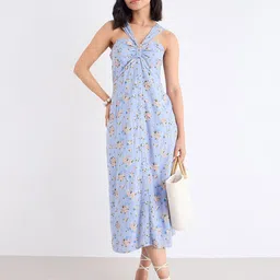 Styli Women Floral Printed Smocked Halter Neck A-Line Midi Dress-picture-42