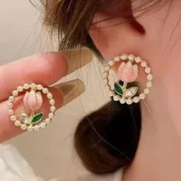 M55 Korean Gold-Plated Artificial Stones Studded & Pearls Beaded Floral Shaped Studs image 2
