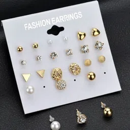 PolluxCraft Set of 12 Gold-Plated Stones Studded And Beaded Circular Shaped Korean Studs-18