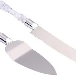 SS Cake Knife and Server Set with Acrylic Handle Slicer Cutter Pizza Shovel Knife Pie Server Hand Tool with Cutting Knife Decorating Tool (Set of 2 pcs) Crystal, Stainless Steel Cake Server-14
