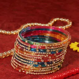 LAVAZZA Set Of 12 Zircon Diamond Stone & Beads Studded Glass Bangles-8