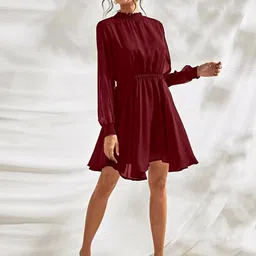 ODETTE Women Mock Neck Cuffed Sleeves Above Knee Fit and Flare Dress-image-77
