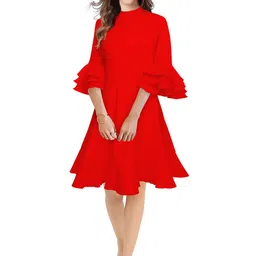 KREADAA Women Solid Bell Sleeve Fit & Flare Dress-image-15