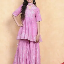 Biba Girls Floral Embroidered Cotton Kurta with Sharara & Dupatta-image-72