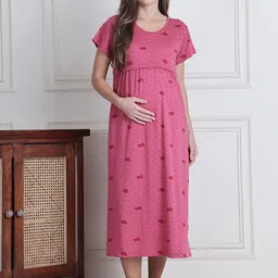 Secret Wish Women Conversational Printed Pure Cotton Maternity Midi Nighty-image-3
