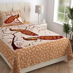 HOMELINE Jaipuri Brown Printed Pure Cotton 144 TC Single Bedsheet Set 1.82 x 1.21 m-image-2