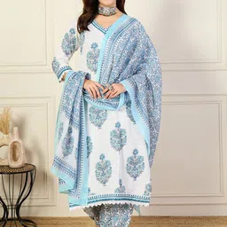 KLOSIA Floral Printed V-Neck Kurta With Trouser And Dupatta-54