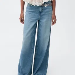 MANGO Women Pure Cotton High-Rise Light Fade Wide Leg Jeans-image-70