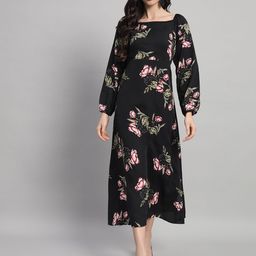 Curvydrobe Floral Printed Puff Sleeve Crepe Fit & Flare Midi Dress-image-5