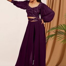 PARROT CREATION Gopi Embroidered Sweetheart Neck Georgette Crop Top With Palazzos-picture-17