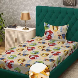 Myntra Elegant Homes Cream-Coloured & Yellow Cartoon Characters 400 TC Single Bedsheet with 1 Pillow Covers-picture-46