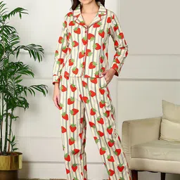 Golden Kite Women Conversational Printed Lapel Collar Pure Cotton Top & Pyjamas Night suit-picture-3