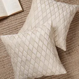 Cream Color Diamond Shaped Embroidered Design, Set of 2 Pieces Velvet Cushion Cover-17