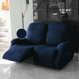 HOKIPO Navy Blue 6 Pieces Self Design 2-Seater Recliner Jacquard Sofa Cover With Arms-image-85