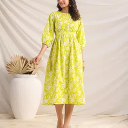 Janasya Floral Printed Pure Cotton Gathered Ethnic Dress-image-99