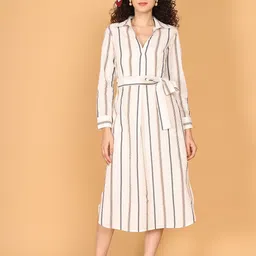 JAKANARY Women Shirt Collar Striped Print Fit and Flare Dress-image-23